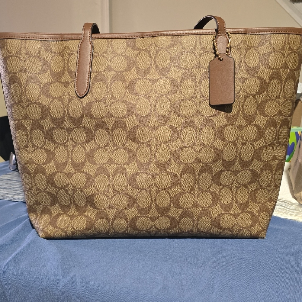 Coach Brown Signature Canvas Tote with Leather Trim
